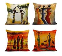 ArtSocket Set of 4 Linen Throw Pillow Covers Oil Painting African Women Decorative Pillow Cases Home Decor Square 18x18 inches Pillowcases