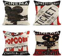 ArtSocket Set of 4 Linen Throw Pillow Covers Vintage Cinema Movie Theater Fresh Popcorn Projector Admit One Decorative Pillow Cases Home Decor Square 16x16 inches Pillowcases