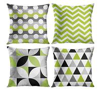 ArtSocket Set of 4 Throw Pillow Covers Green Black Lime Mosaic Pattern Gray Grey White Retro Triangles Geometric Decorative Pillow Cases Home Decor Square 18x18 Inches Pillowcases