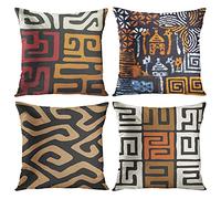 ArtSocket Set of 4 Throw Pillow Covers Orange Tribal Kuba Inspired Earth Colors Geometric Ethnic Black Brown Mud African Decorative Pillow Cases Home Decor Square 16x16 Inches Pillowcases