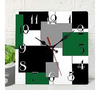 ArtSocket Wooden Wall Clock, 12 Inch, Silent, Abstract Green Black Grey Geometric Minimalist Checkered Square Rustic Wall Clock, Battery Operated