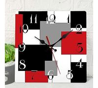 ArtSocket Wooden Wall Clock, 12 Inch, Silent, Non-Ticking, Grey Red Black Abstract Geometric Minimalist Checkered Square Rustic Wall Clock, Battery Operated