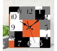ArtSocket Wooden Wall Clock Silent Non-Ticking, Abstract Orange Black Grey Geometric Minimalist Checkered Square Rustic Wall Clocks Decor for Home Kitchen Living Room Office, Battery Operated(12 Inch)