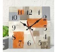 ArtSocket Wooden Wall Clock Silent Non-Ticking, Abstract Orange Brown Grey Geometric Checkered Square Rustic Wall Clocks Decor for Home Kitchen Living Room Office, Battery Operated(12 Inch)