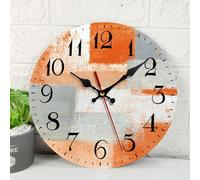 ArtSocket Wooden Wall Clock Silent Non-Ticking, Abstract Orange Grey Geometric Minimalist Checkered Round Rustic Wall Clocks Decor for Home Kitchen Living Room Office, Battery Operated(12 Inch)