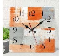 ArtSocket Wooden Wall Clock Silent Non-Ticking, Abstract Orange Grey Geometric Minimalist Checkered Square Rustic Wall Clocks Decor for Home Kitchen Living Room Office, Battery Operated(12 Inch)