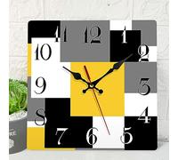 ArtSocket Wooden Wall Clock Silent Non-Ticking, Abstract Yellow Black Grey Geometric Minimalist Checkered Square Rustic Wall Clocks Decor for Home Kitchen Living Room Office, Battery Operated(12 Inch)