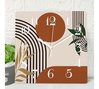 ArtSocket Wooden Wall Clock Silent Non-Ticking, Boho Mid Century Sun Leaves Modern Orange Square Rustic Wall Clocks Decor for Home Kitchen Living Room Office, Battery Operated(12 Inch)