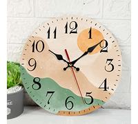 ArtSocket Wooden Wall Clock Silent Non-Ticking, Boho Mid Century Sun Mountain Modern Orange Green Round Rustic Wall Clocks Decor for Home Kitchen Living Room Office, Battery Operated(12 Inch)