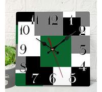 ArtSocket Wooden Wall Clock Silent Non-Ticking, Green Black Grey Abstract Geometric Minimalist Checkered Square Rustic Wall Clocks Decor for Home Kitchen Living Room Office, Battery Operated(12 Inch)