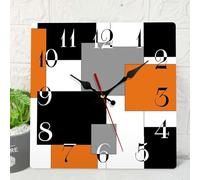 ArtSocket Wooden Wall Clock Silent Non-Ticking, Orange Black Grey Abstract Geometric Minimalist Checkered Square Rustic Wall Clocks Decor for Home Kitchen Living Room Office(10 Inch)