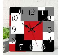 ArtSocket Wooden Wall Clock, Silent Non Ticking Red Black Grey Geometric Minimalist Checkered Square Rustic Home Decor Kitchen Living Room Office Decor
