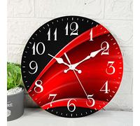 ArtSocket Wooden Wall Clock Silent Non-Ticking, Red Black Grid Luxury Modern Weave Abstract Stripe Geometric Round Wall Clocks Decor for Home Kitchen Living Room Office(12 Inch)