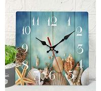 ArtSocket Wooden Wall Clock Silent Non-Ticking, Summer Fish Star Sea Shells Blue Beach Vintage Rustic Coastal Square Wall Clocks Decor for Home Kitchen Living Room Office(12 Inch)