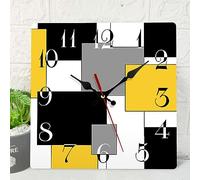 ArtSocket Wooden Wall Clock Silent Non-Ticking, Yellow Black Grey Abstract Geometric Minimalist Checkered Square Rustic Wall Clocks Decor for Home Kitchen Living Room Office(12 Inch)