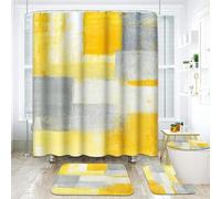 ArtSocket Yellow Grey Abstract Bathroom Set with Shower Curtain and Rugs Accessory, Painting Gray Vintage Retro Abstract Shower Curtain for Bathroom Decor 4 Pcs