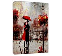 ARTSPRINTS Couple Dancing WITH Red Umbrella Rain drops Oil paint Reprint on Framed Canvas Wall Art Home Decoration 30 x 24 inch-18mm depth