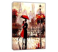 ARTSPRINTS Couple with RED Umbrella Under RAIN in Paris Vertical Oil Paint Reprint ON Framed Canvas Picture Wall Art Home Decoration Ready to Hang 34’’ x 24’’inch(86x 60 cm) -38mm Depth