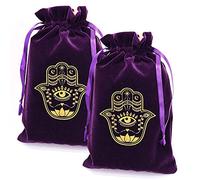 ARTSY CRAFTS 2 Pcs 6x9" Hamsa Hand Purple Velvet Bag Jewelry Pouch Gift Bags, Hand of Fatima Evil Eye Velvet Drawstring Bags, Tarot Rune bag, Dice Bag, Travel Bags (2 Pk Eggplant Purple)