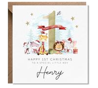 Artsy Gift Co - First Christmas card, Cute christmas card for Boy, Son, Grandson, Personalised Children's Kids Christmas Xmas Holiday Festive Greetings Card, Gold foil looking effect