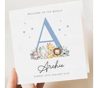 Artsy Gift Co - Personalised Baby Boy Card - Initial Safari Themed Custom Newborn Baby Greeting Card with Name & Birth Date - Perfect for New Parents, Grandparents "Welcome to the World"