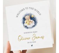 Artsy Gift Co - Personalised Baby Boy Card - with cloud and stars dark blue, Custom Newborn Baby Card with Name & Birth Date - Adorable Teddy Bear Design - Perfect for New Parents