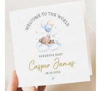 Artsy Gift Co - Personalised "Welcome to the World" Baby Boy Card - Custom Newborn Baby Greeting Card with Name & Birth Date - Adorable Teddy Bear Design - Perfect for New Parents