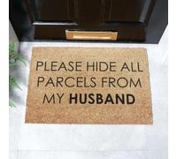 Artsy Mats - Please Hide All Parcels From My Husband Doormat - Made from Tufted Coconut Fibre - Non-Slip Natural Rubber Backed Door Mats - Heavy Duty, Decorative Outdoor Mats (60x40cm)