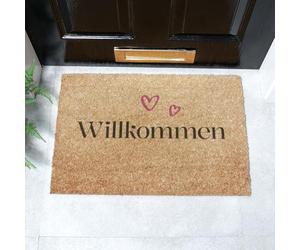 Artsy Mats - Will Kommen Heart Doormat - Made from Tufted Coconut Fibre - Non-Slip Natural Rubber Backed Door Mats Indoor - Heavy Duty, Decorative Outdoor Mats (60x40cm)