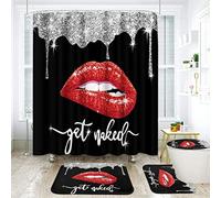 Arttown Black Bathroom Sets with Shower Curtain and Rugs and Accessories, Diamond Get Naked Shower Curtain Sets, Lips Shower Curtains for Bathroom,Black and Red Bathroom Decor 4 Pcs