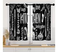 Arttown Black Kitchen Curtains 45 Inch Length White Doodle Window Short Tier Curtains Over Sink Set of 2, Modern Abstract Kitchen Decor 34x45 Inch