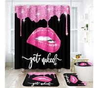 Arttown Black & Pink Bathroom Set with Shower Curtain, Lips Shower Curtains, 4 Pcs, W 72" x L 72"