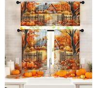 Arttown Fall Kitchen Window Curtains and Valances Set 36 Inch, Cozy Cottage Surrounded Autumn Trees Pumpkins Short Tier Curtain for Cafe Living Room Bathroom, Autumn Orange 3 Pieces Set Kitchen Decor