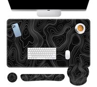 Arttown Highground Desk Mat Topographic Mouse Pad Set 4 in 1 line Black White Ergonomic Design Large Desk Pad + Keyboard Wrist Rest + Mouse Wrist Rest + Coaster Suitable for Home Office Study Game
