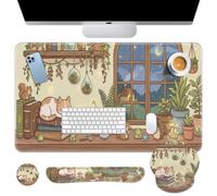 Arttown Kawaii Cat Frog Desk Mat Mushroom Mouse Pad Set 4 in 1 Ergonomic Design Large Mouse Pad + Keyboard Wrist Rest + Mouse Wrist Rest + Coaster Suitable for Home Office Study Game
