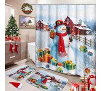 Arttown Merry Christmas Snowman Scarf Red House Bathroom Set with Shower Curtain and Rugs and Accessories Winter Colorful Gift Boxes Shower Curtain Set Bathroom Decor 3 Pcs