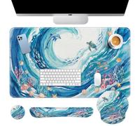 Arttown Ocean Dolphin Desk Mat Turtle Blue Mouse Pad Set 4 in 1 Ergonomic Design Large Mouse Pad + Keyboard Wrist Rest + Mouse Wrist Rest + Coaster Suitable for Home Office Study Game