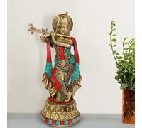ARTVARKO Brass Lord Krishna Statue Playing Flute On Round Double Lotus Base Multicolor Gemstone Handwork Sculpture Home Decor for Living Room Pooja Gift Item Height 10 Inch