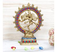 Artvarko Brass Metal Dancing God Shiva Bhagwan Idol Natraja Murti Statue with Multicolor Gemstone Work Home Décor Mandir Pooja Puja