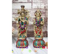 Artvarko Brass Radha Krishna Murti Multicolor Stone Work for Gift Idol for Mandir Temple Height 13 Inches