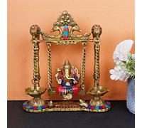 ARTVARKO Ganesh Jhula with Hanging Diya Brass Gemstone Handwork Ganesha Swing Statue Ganpati Jhoola Kirtimukha Idol Murti for Home Décor Office Mandir Gift 9 Inch, CLRDIYAJHULAGAN2KG