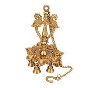 Artvarko Peacock Diya with Bells and Yellow Chain Wall Hanging 7 Oil Wick Deepak Deepam Antique Brass Bell Home Décor Ganti Gift for Puja Temple