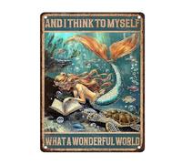 ARTWALLURE Vintage Mermaid Metal Tin Sign And I Think To Myself What A Wonderful World Poster Home Decor Funny Home Decor Cave Bar Wall Decor 12x16inch