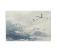 Artwork Depicting Seagulls Flying over The Blue Coast Canvas Poster Bedroom Decor Landscape Office Room Decor Gift 24" L X 36" W