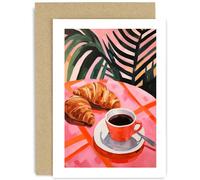 Artwork Greeting Card for Her - Croissant and Coffee - Happy Birthday Cards for Women - Thinking of You Card - Just Because Friendship Card for Her - Pastel Pink Red Foliage Card - Blank Inside