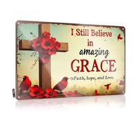 Artwork, Sign Funny Gift For Camper Wall Decor, Scandinavian Rustic Metal Tin Sign For Man Cave | Entryway Holiday Gift Custom A Wooden Cross Adorned With Red Flowers And Birds(30X40CM)
