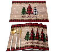 Artwork Store Merry Christmas Placemats Set of 6,Cotton Linen Table Mats Non-Slip Washable Buffalo Plaid Farm Xmas Tree Snowflake Pine Tree Placemat for Holiday Party Dining Kitchen Table Decor