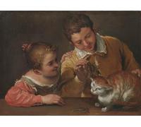ARTXLXXBN Famous Art Print Poster Vintage Wall Art Two Children Teasing a Cat by Annibale Carracci Canvas Art Poster for Home Decor 60x90cm