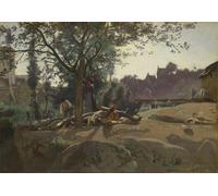 ARTXLXXBN Famous Painting Canvas Artwork Graffiti Print Peasants under the Trees at Dawn by Jean Baptiste Camille Corot Portrait Canvas Image for Home Decor 60x90cm