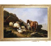 ARTXLXXBN Famous Painting Canvas Artwork Graffiti Print Sheep on a Cliff with a Sailing Vessel Beyond by Eugene Verboeckhoven Portrait Canvas Image for Home Decor 60x90cm